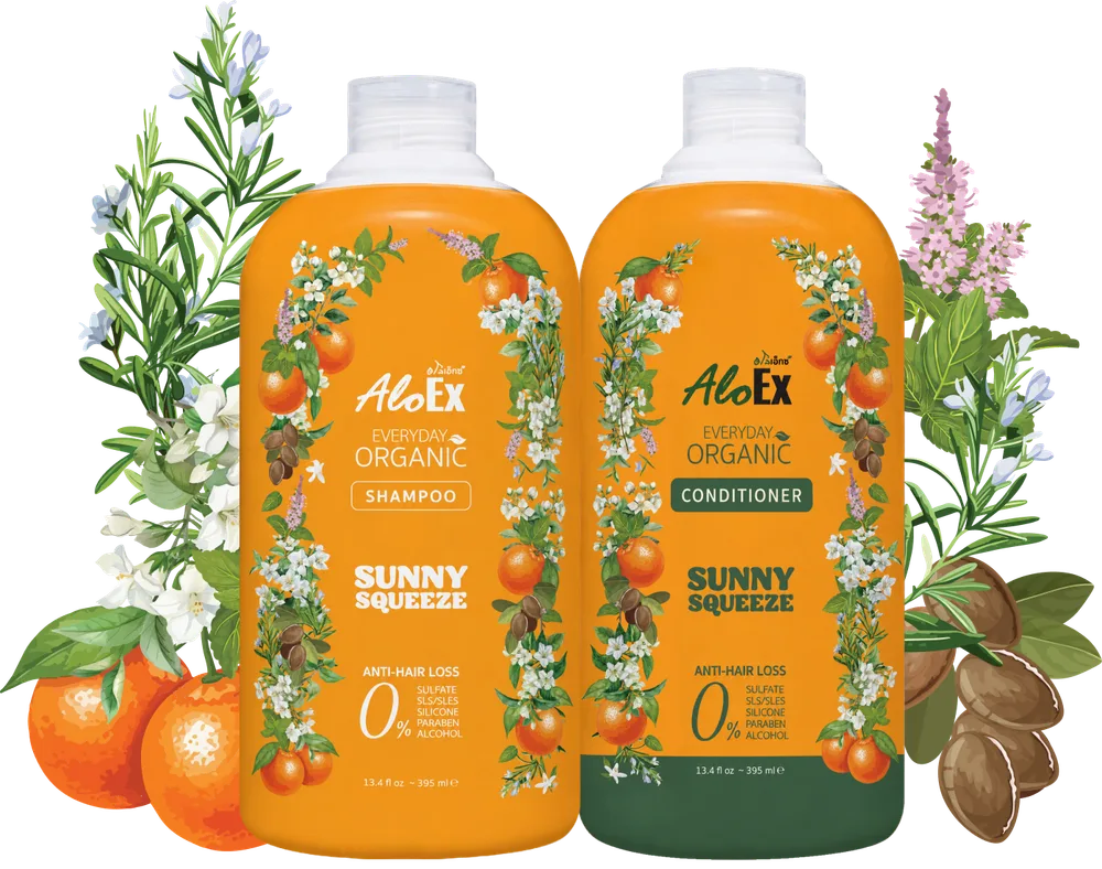 AloEx Everyday Organic Sunny Squeeze shampoo and conditioner side by side