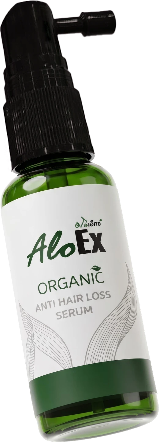 ขวด AloEx Organic Anti Hair Loss Serum ล้อมรอบด้วยสมุนไพร